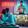 A guy is counting bunch of money and he is behind a TV set while the Tv is streaming a NETFLIX movie and a nice couple are watching the TV, the lights are neon and the overall atmosphere is amorous