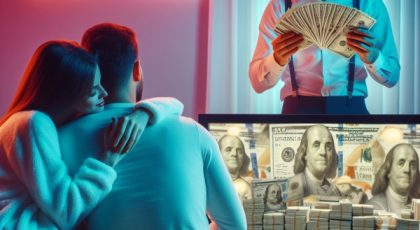 A guy is counting bunch of money and he is behind a TV set while the Tv is streaming a NETFLIX movie and a nice couple are watching the TV, the lights are neon and the overall atmosphere is amorous