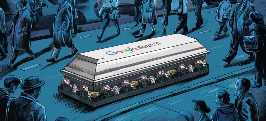 Google search box is printed on a coffin which is placed on the sideway at a crowded street and there are bunch of flowers around the coffin, illustration