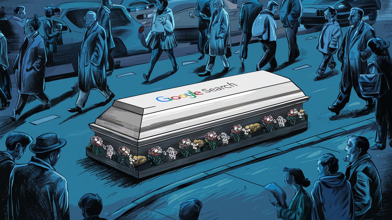 Google search box is printed on a coffin which is placed on the sideway at a crowded street and there are bunch of flowers around the coffin, illustration